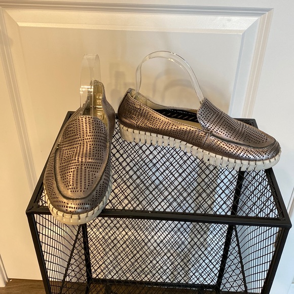 bernie mev. Shoes - Bernie Mev pewter colored perforated leather slip on shoes with white tred soles